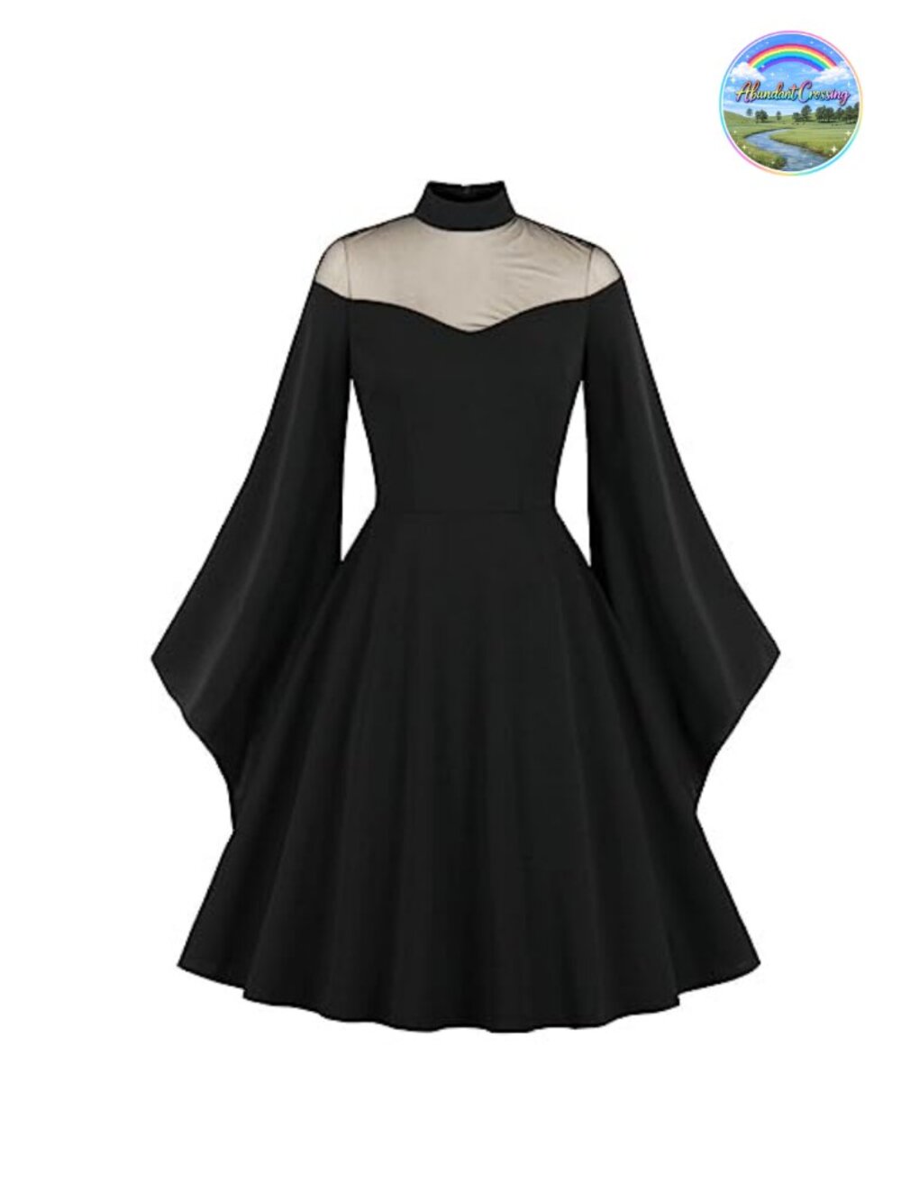 Women Mesh Long Sleeve Gothic Vintage Swing Dress Sheer Illusion Panel Wedding
